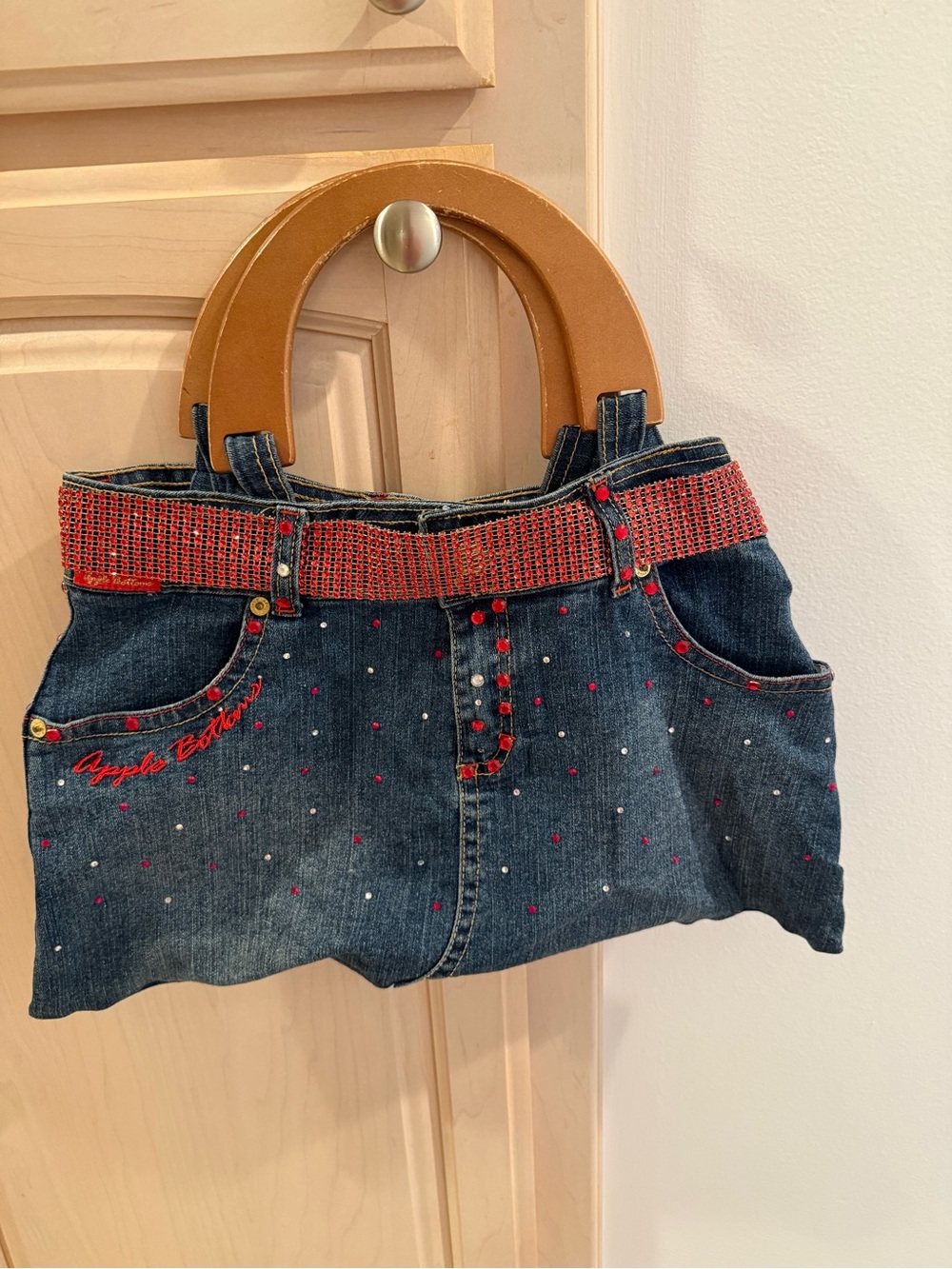 Apple Bottoms Dark Blue Denim Tote with Red Accents and Wooden Handles